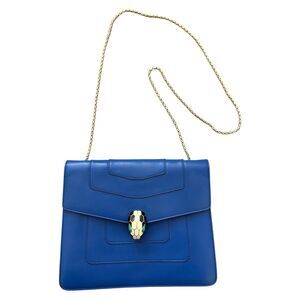 Authentic Bvlgari Serpenti Forever crossbody Bag Blue Leather Light Gold Chain